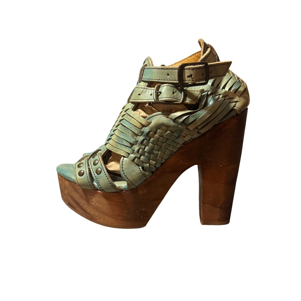 NWOT Bed Stu W7 Seafoam Green/Blue Leather Wooden Platform Block Heel Sandals